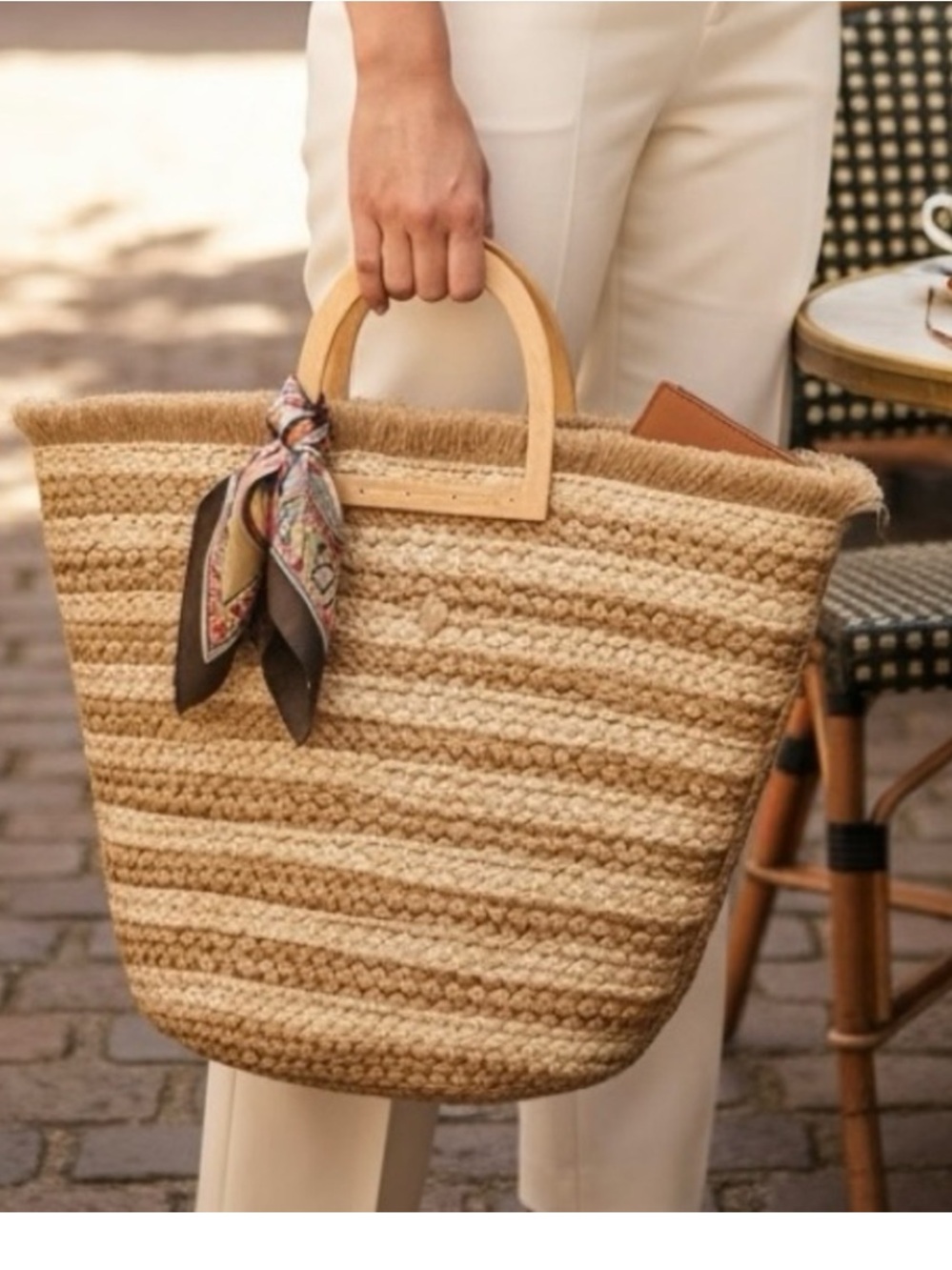 Antic Kraft Hashlee Jute Tote Purse Beach Bag Woven Natural Wooden Handles